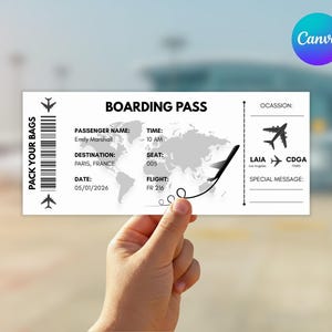 Peut inclure: Un billet d'embarquement blanc avec du texte et des graphiques noirs. Il présente une carte du monde, des silhouettes d'avions et le texte "PACK YOUR BAGS". Le billet comprend les détails du passager, la destination, l'heure et les informations de vol.