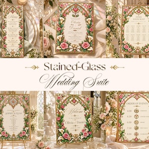 Stained Glass Wedding Template Bundle, Editable Canva Invitation & Reception Signs, Seating Chart, Table Numbers, Menus