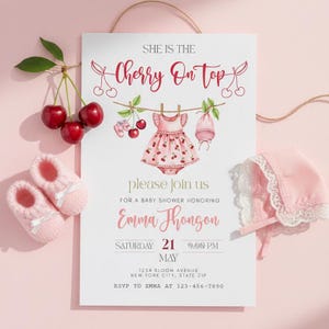 Cherry On Top Baby Shower Invitation, Flirty cherry Canva Birthday Party Invitation template, 5/7 Editable Printable template.