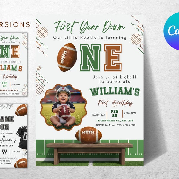 First Year Down Football Birthday Invitation, Editable Canva Template, Sports Party Invite, Editable Printable.