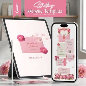 Peut inclure: Modèle de site web de mariage numérique affiché sur une tablette et un smartphone. Le modèle présente un thème rose avec des accents floraux et le texte "Wedding Website Template". La tablette affiche "Introducing The Johnsons" et la date.