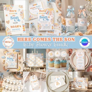 Peut inclure: Un ensemble de décoration pour une baby shower sur le thème du soleil. Comprend des invitations, des étiquettes pour bouteilles d'eau, des décorations de cupcakes et une pancarte de bienvenue. Le texte "Here Comes the Son" est présent, avec des couleurs orange, bleu et jaune.