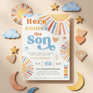 Convite para Chá de Bebê "Aí Vem o Filho", Modelo de Convite para Festa de Aniversário no Canva, Modelo Editável e Imprimível de 5/7 polegadas.