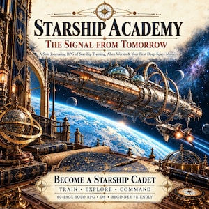 May include: A Starship Academy: The Signal From Tomorrow solo journaling RPG book cover featuring a large ornate starship orbiting a blue planet, with celestial navigation tools, star charts, and the text: Become a Starship Cadet, Train, Explore, Command.