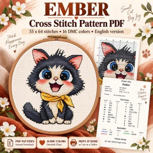 Peut inclure: Un modèle de point de croix PDF intitulé Ember représentant un chat noir et blanc aux yeux bleus avec une écharpe jaune dans un tambour en bois. Le modèle inclut 55 par 64 points, 16 couleurs DMC, une légende et une grille de broderie.