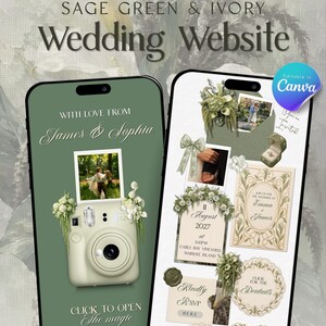 Peut inclure: Un modèle de site web de mariage vert sauge et ivoire présentant deux écrans de smartphone. L'écran de gauche montre un graphique d'appareil photo et le texte With Love From James & Sophia. L'écran de droite affiche les détails de l'événement.