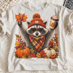 Fall Raccoon Pumpkin Spice Latte Shirt | Cozy Autumn Trash Panda Tee | Pumpkin Patch Coffee Lover Soft Unisex Shirt