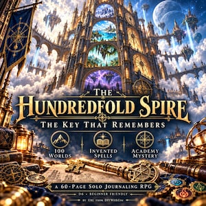 Peut inclure: Un jeu de rôle solo de 60 pages intitulé The Hundredfold Spire: The Key That Remembers, illustré avec une clé dorée sur une carte, une flèche fantastique, et des icônes pour 100 mondes, sorts inventés et mystère d'académie, pour D6.