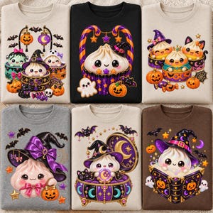 Peut inclure: Une collection de six sweat-shirts à col rond en beige, noir, gris et marron, chacun arborant une impression graphique colorée de boulettes anthropomorphes mignonnes déguisées pour Halloween, entourées de citrouilles, chauves-souris et étoiles.