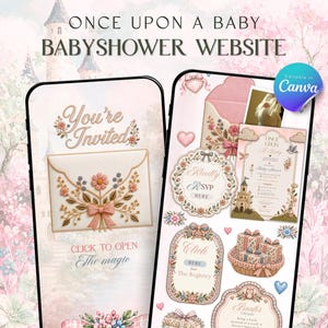 Peut inclure: Un modèle de site web pour baby shower de 3 pages modifiable sur Canva. Le design présente un thème de conte de fées avec des broderies florales, un château et des cadeaux. Le texte inclut 'Once Upon A Baby', 'You're Invited', 'RSVP' et 'Books for Baby'.