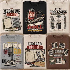 May include: Six crewneck sweatshirts featuring vintage-style photography graphics. Designs include The Negative Archive, One More Roll Club, Film Processing Department, Amateur Darkroom Club, Film Lab Records, and Local Photography Society with film gear.