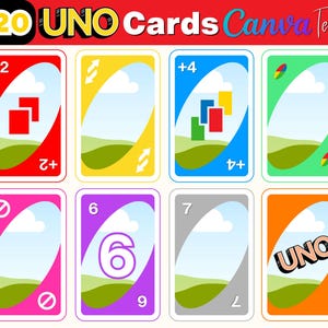 Pode incluir: Uma coleção de cartas UNO coloridas com vários números e símbolos de ação. As cartas apresentam um design de paisagem e o texto "+220 UNO Cards Canva Template". As cartas são vermelhas, amarelas, azuis, verdes, rosas, roxas, cinzentas e laranjas.