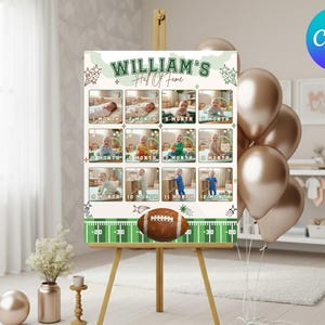 Peut inclure: Panneau personnalisé "William's Hall of Fame" avec une grille de photos de bébé de 1 à 12 mois. Le design comprend un graphique de terrain de football, un ballon de football et des ballons dorés. Le panneau est sur un chevalet en bois.