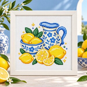 Lemon Cross Stitch Pattern PDF, Blue and White Pitcher, Mediterranean Kitchen Decor