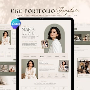 May include: A digital UGC portfolio template for Canva featuring a neutral color palette, a central tablet display showing a personal website layout with the name Maria Lune, professional photography, brand logos, and text sections for content creators.