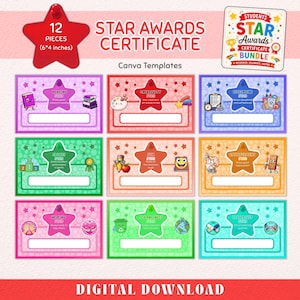 Op de afbeelding: Een set van 12 digitale ster-oorkondes van 15,24 bij 10,16 cm, met kleurrijke sjablonen voor thema's zoals lezen, creativiteit en sport. Elk rechthoekig certificaat bevat een centraal sterpictogram en lege regels voor tekstinvoer.