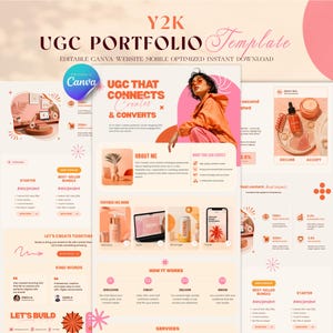 Peut inclure: Un modèle de portfolio UGC Y2K pour Canva avec une palette de couleurs pêche et blanc. La mise en page comprend des sections pour une présentation, des forfaits de services, des témoignages et des exemples de contenu avec texte et images.