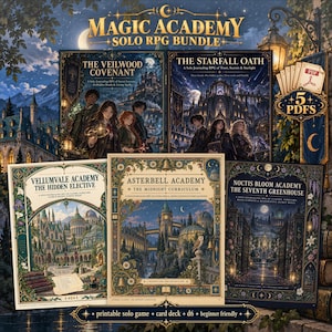 Peut inclure: Un ensemble de jeux de rôle en solo Magic Academy comprenant cinq livres PDF intitulés The Veilwood Covenant, The Starfall Oath, Vellumvale Academy, Asterbell Academy et Noctis Bloom Academy, illustrés par des écoles et des étudiants.