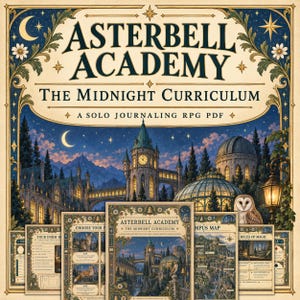 Pode incluir: Um jogo de RPG digital intitulado Asterbell Academy: The Midnight Curriculum, apresentando uma ilustração central de uma academia noturna com uma torre de relógio, uma cúpula e uma coruja, cercada por várias folhas de jogo com texto e imagens.