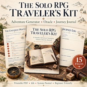 Può includere: Il Solo RPG Traveler's Kit include un set PDF stampabile con The Universal Oracle, una guida centrale e un Journey Log. I materiali mostrano testo, illustrazioni di montagne e un percorso su mappa. Sono presenti una bussola e una matita.