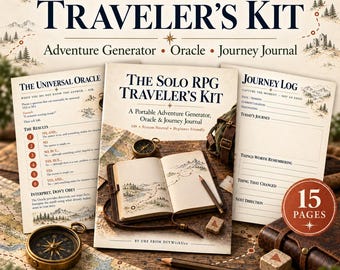 Può includere: Il Solo RPG Traveler's Kit include un set PDF stampabile con The Universal Oracle, una guida centrale e un Journey Log. I materiali mostrano testo, illustrazioni di montagne e un percorso su mappa. Sono presenti una bussola e una matita.
