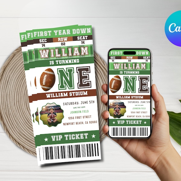 Printable Football Ticket First Birthday Invite, First Year Down Invitation, Boy Sports First Birthday, Digital Printable