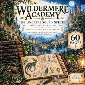 Peut inclure: Un jeu de rôle en solo de 60 pages intitulé Wildermere Academy: The Uncatalogued Species. La couverture présente un paysage fantastique, une pile de six livres, un journal ouvert avec des croquis de créatures, une longue-vue et une lanterne.