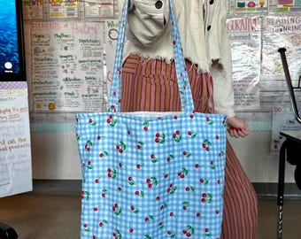 Handmade Blue Gingham Cherry Tote Bag