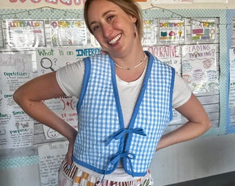 Reversible Quilted Vest – Handmade 100% Cotton Gingham Floral Layering Piece
