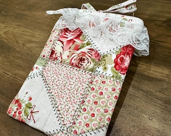 Handmade Floral Patchwork Padded Sleeve – Cottagecore Lace Trim Kindle Case, Journal Case
