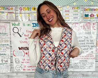 Handmade Reversible Quilted Cotton Vest – Blue & Red Floral / Bandana Print