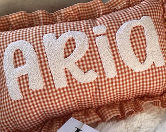 Custom Beige Gingham Name Pillow, Handmade Ruffle Cushion, Punch Needle Embroidered Pad, Personalized Baby Gift, Kids Room Decor