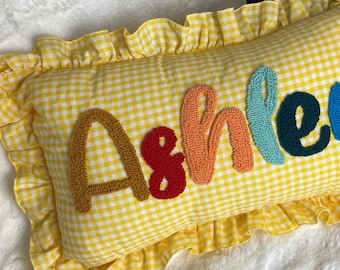 Personalized Name Pillow, Yellow Gingham Ruffle Cushion, Custom Punch Needle Baby Gift, Handmade Embroidered Decor