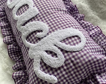 Personalized Gingham Ruffle Pillow, Custom Name Cushion, Handmade Punch Needle Baby Gift, Nursery Decor, Cute Kids Room Cushion, 12x20 in