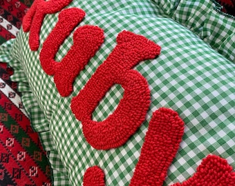 Custom Gingham Name Cushion, Holiday Ruffle Decor Pillow, Handmade Cotton Pad, Personalized Christmas Gift, Green Red Festive Cushion