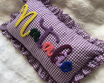 Personalized Colorful Gingham Pillow, Custom Name Cushion, Punch Needle Baby Gift, Handmade Nursery Decor, Cute Kids Room Pillow 12x20