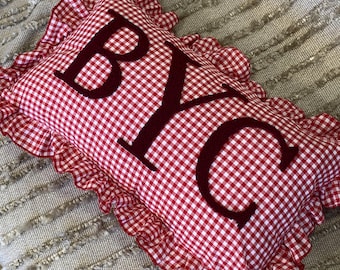 Custom Monogram Punch Needle Pillow – Red Gingham Ruffle Cushion, Personalized Letter Embroidered Throw Pillow, Farmhouse Home Décor