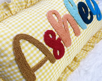 Custom Punch Needle Pillow, Handmade Ruffle Cushion for Kids Room, Yellow Gingham Personalized Nursery Decor Gift