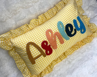 Custom Ruffle Pillow, Yellow Gingham Personalized Cushion, Cute Punch Needle Baby Name Pillow, Embroidered Gift