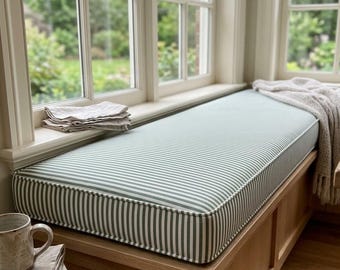 Coastal Bench Cushion Green  Striped Window Seat Pad