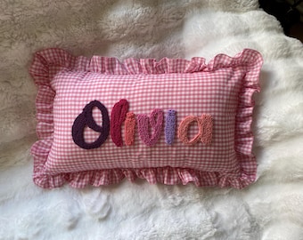 Custom Pink Gingham Name Pillow, Ruffle Cushion, Handmade Punch Needle Personalized Baby Gift, Nursery Decor, Cute Kids Room Cushion 12x20in