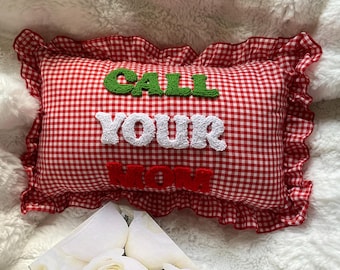 Custom Embroidered Call Your Mom Pillow, Custom Pillow Gift, Personalized Gingham Pillowcase