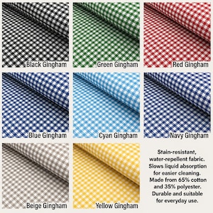 May include: A collection of eight fabric swatches featuring a gingham check pattern in black, green, red, blue, cyan, navy, beige, and yellow. The text states: Stain-resistant, water-repellent fabric. Slows liquid absorption for easier cleaning.