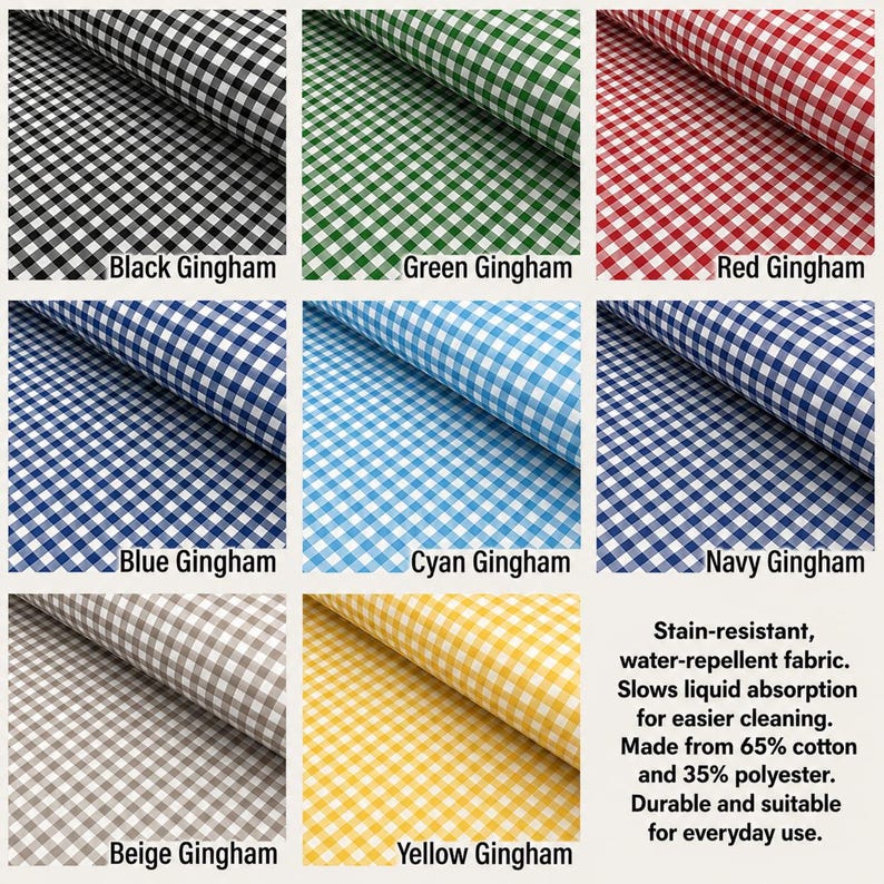 May include: A collection of eight fabric swatches featuring a gingham check pattern in black, green, red, blue, cyan, navy, beige, and yellow. The text states: Stain-resistant, water-repellent fabric. Slows liquid absorption for easier cleaning.
