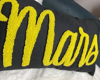 Black Cotton Personalized Pillow, Yellow Embroidered Punch Needle Cushion, Handmade Name Pad, Custom Nursery Decor