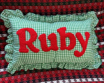 Red Letter Christmas Pillow, Green Gingham Cushion, Custom Name Decor, Personalized Holiday Pad, Handmade Festive Nursery Gift