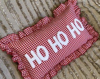 Festive Ho Ho Ho Christmas Pillow, Red Plaid Cushion for Holiday Home, Farmhouse Xmas Decor, Punch Needle Holiday Pillow