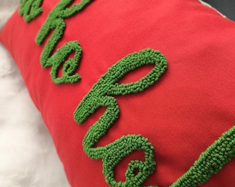 Christmas Punch Needle Pillow – Handmade Ho Ho Ho Embroidered Cushion, Festive Red Holiday Throw Pillow, Cozy Xmas Decor and Gift