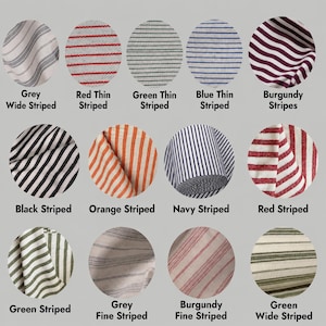 May include: A collection of twelve circular fabric swatches featuring various striped patterns in colors including grey, red, green, blue, burgundy, black, orange, and navy. Each swatch is labeled with its specific pattern name below the circle.