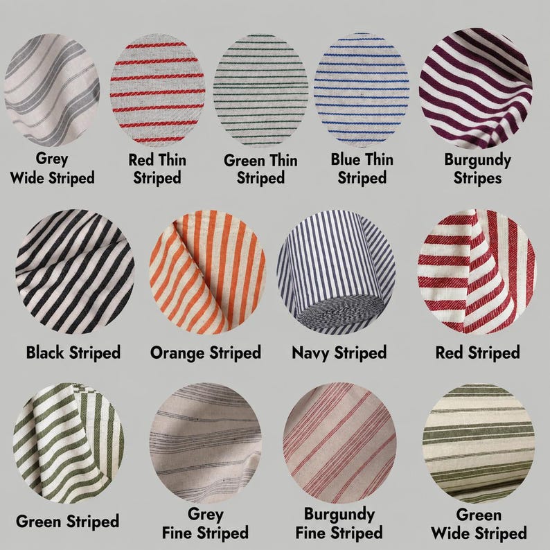 May include: A collection of twelve circular fabric swatches featuring various striped patterns in colors including grey, red, green, blue, burgundy, black, orange, and navy. Each swatch is labeled with its specific pattern name below the circle.
